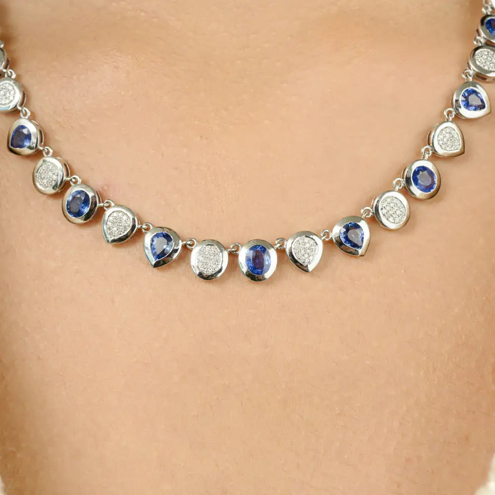 Authentic Blue Sapphire & Diamond Statement Necklace Real K14 White Gold Fine Jewelry