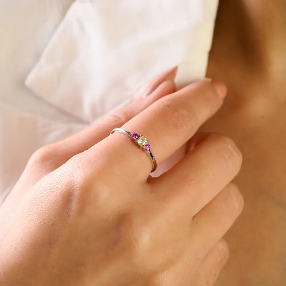 14K Real White Gold Round Cut Ruby & Yellow Diamond Minimal Gemstone Ring Fine Jewelry