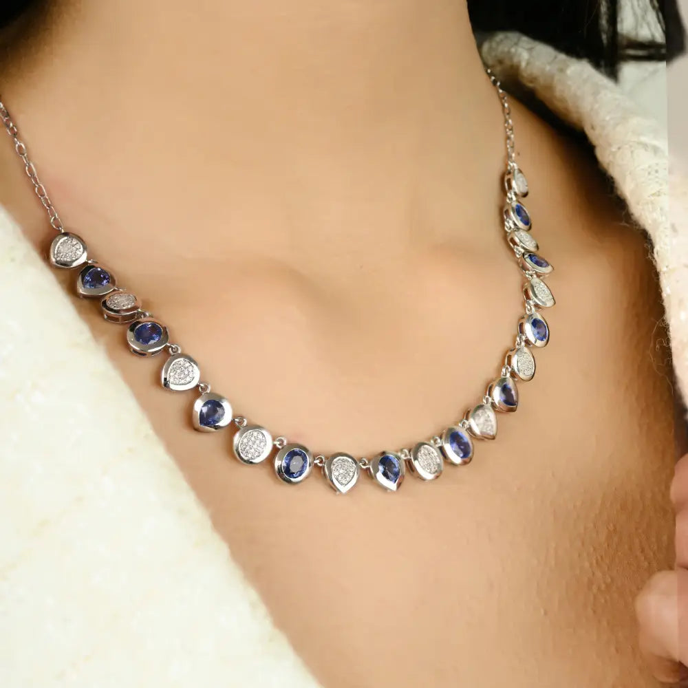Authentic Blue Sapphire & Diamond Statement Necklace Real K14 White Gold Fine Jewelry