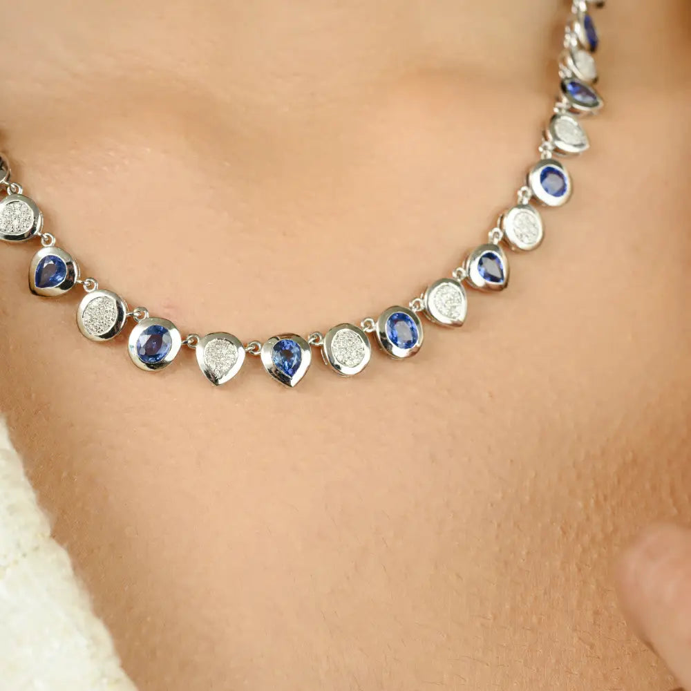 Authentic Blue Sapphire & Diamond Statement Necklace Real K14 White Gold Fine Jewelry