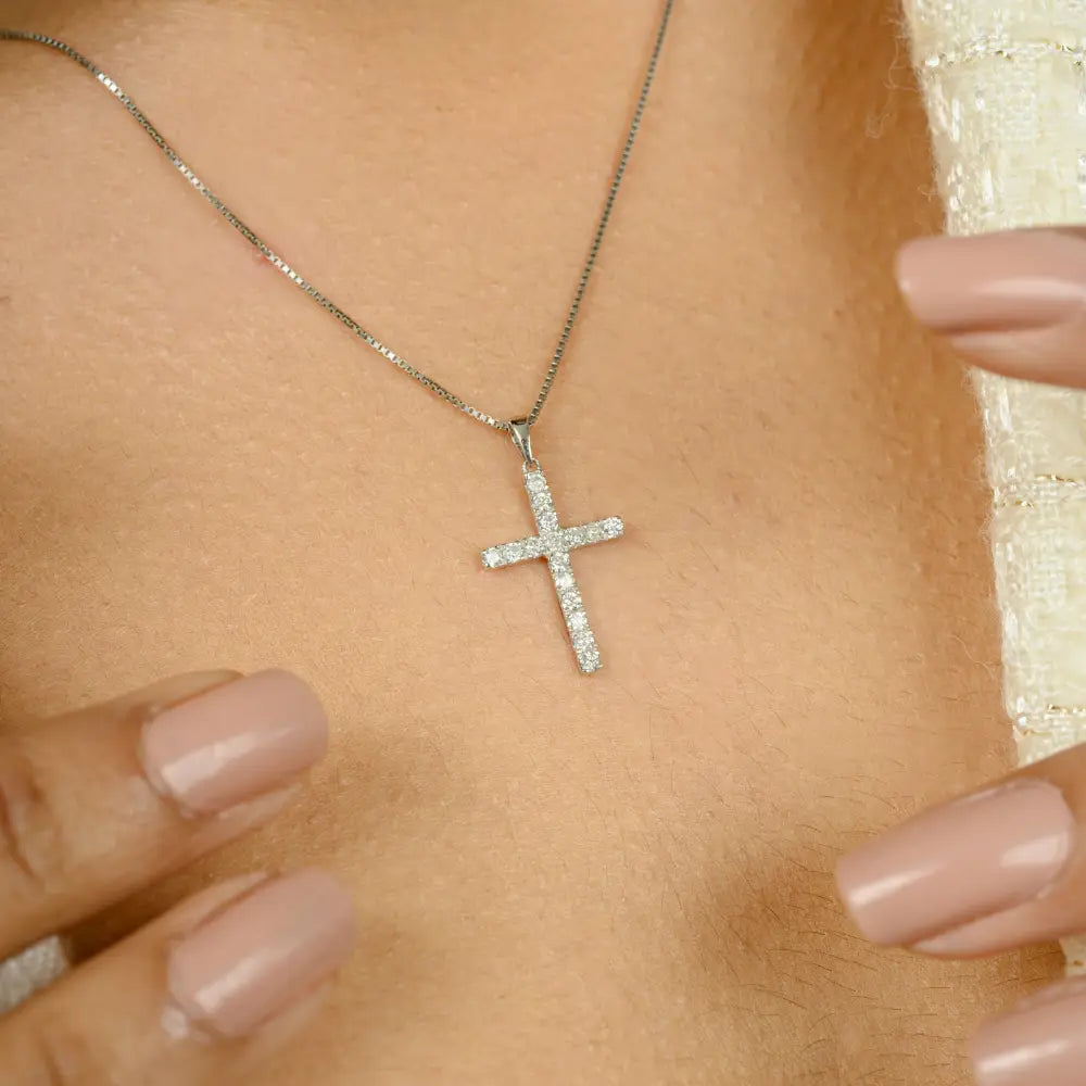 Sparkle Jewelry Natural Round Cut Diamond Minimal Cross Pendant 14K White Gold