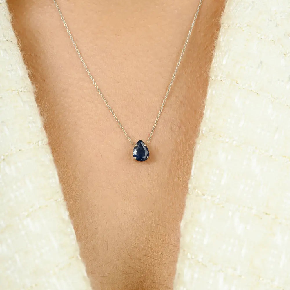 Pear Cut Blue Sapphire Single Stone Pendant Necklace Prong Settings 14K White Gold