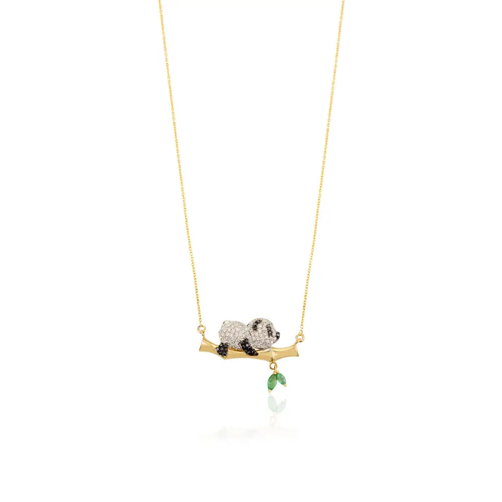 Emerald & White Black Diamond Sleeping Panda With Bamboo Pendant Necklace 18K Yellow Gold