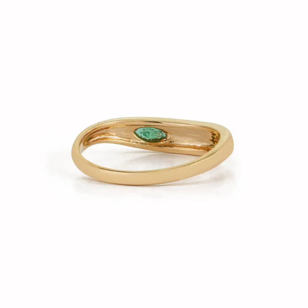 Marquise Cut Emerald Wavy Band Ring Solid K14 Yellow Gold Minimal Stackable Jewelry