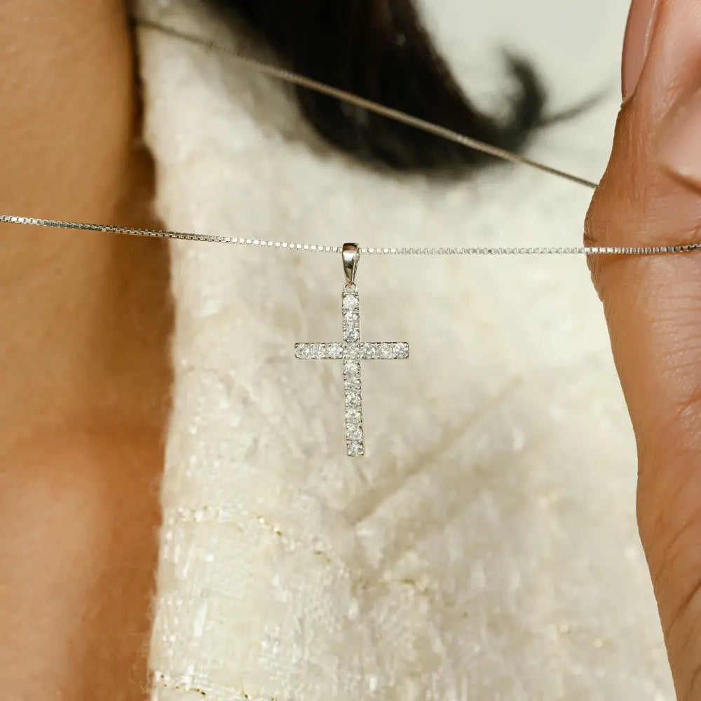 Sparkle Jewelry Natural Round Cut Diamond Minimal Cross Pendant 14K White Gold