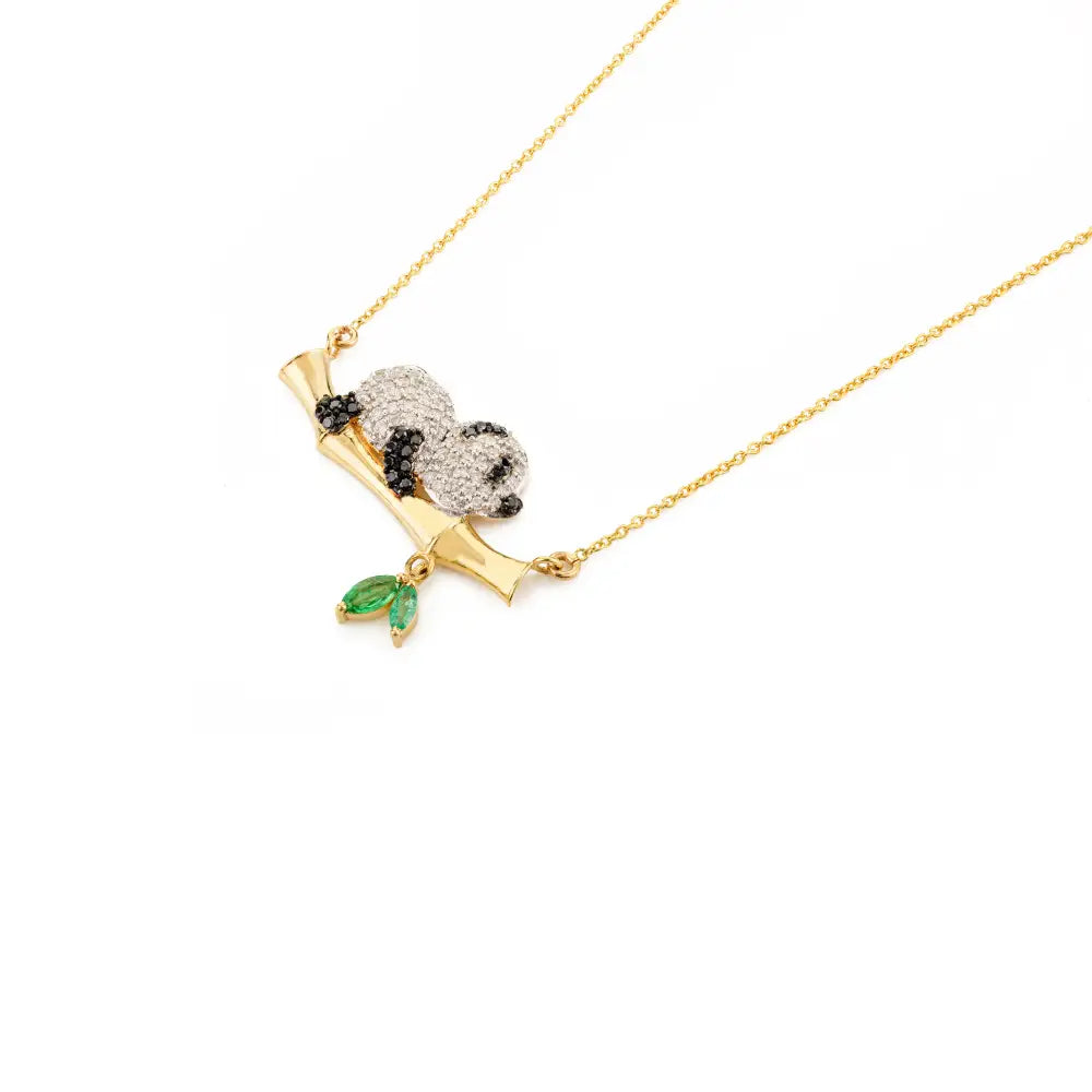 Emerald & White Black Diamond Sleeping Panda With Bamboo Pendant Necklace 18K Yellow Gold