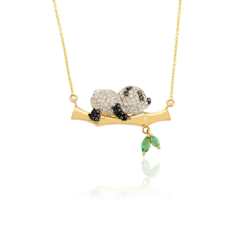 Emerald & White Black Diamond Sleeping Panda With Bamboo Pendant Necklace 18K Yellow Gold