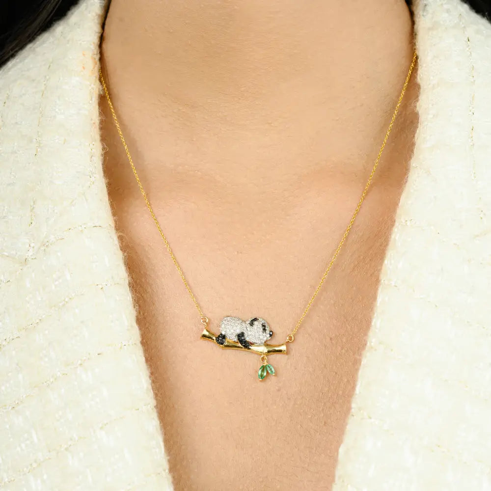 Emerald & White Black Diamond Sleeping Panda With Bamboo Pendant Necklace 18K Yellow Gold