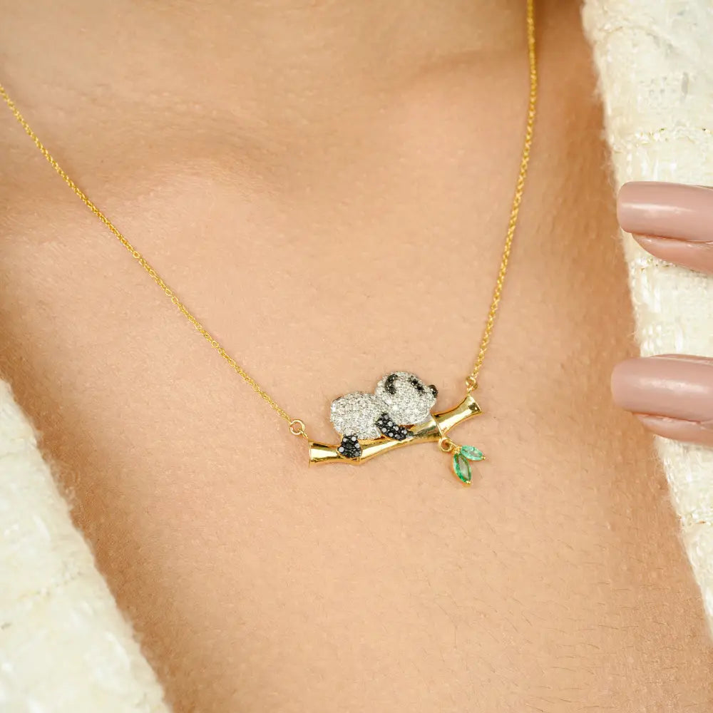 Emerald & White Black Diamond Sleeping Panda With Bamboo Pendant Necklace 18K Yellow Gold