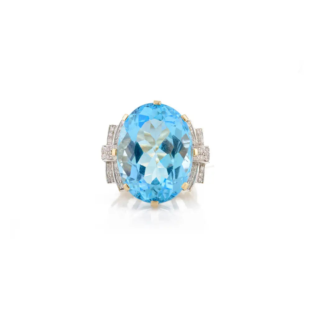 14K Yellow Gold Real Blue Topaz & Diamond Chunky Ring December Birthstone Jewelry Gift
