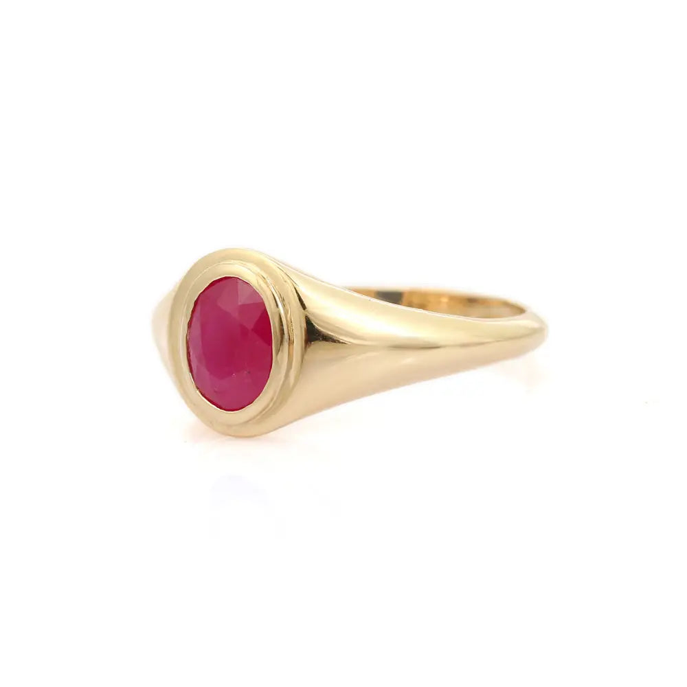 Latest Design July Birthstone Natural Ruby Signet Chunky Ring 14K Real Yellow Gold Jewelry