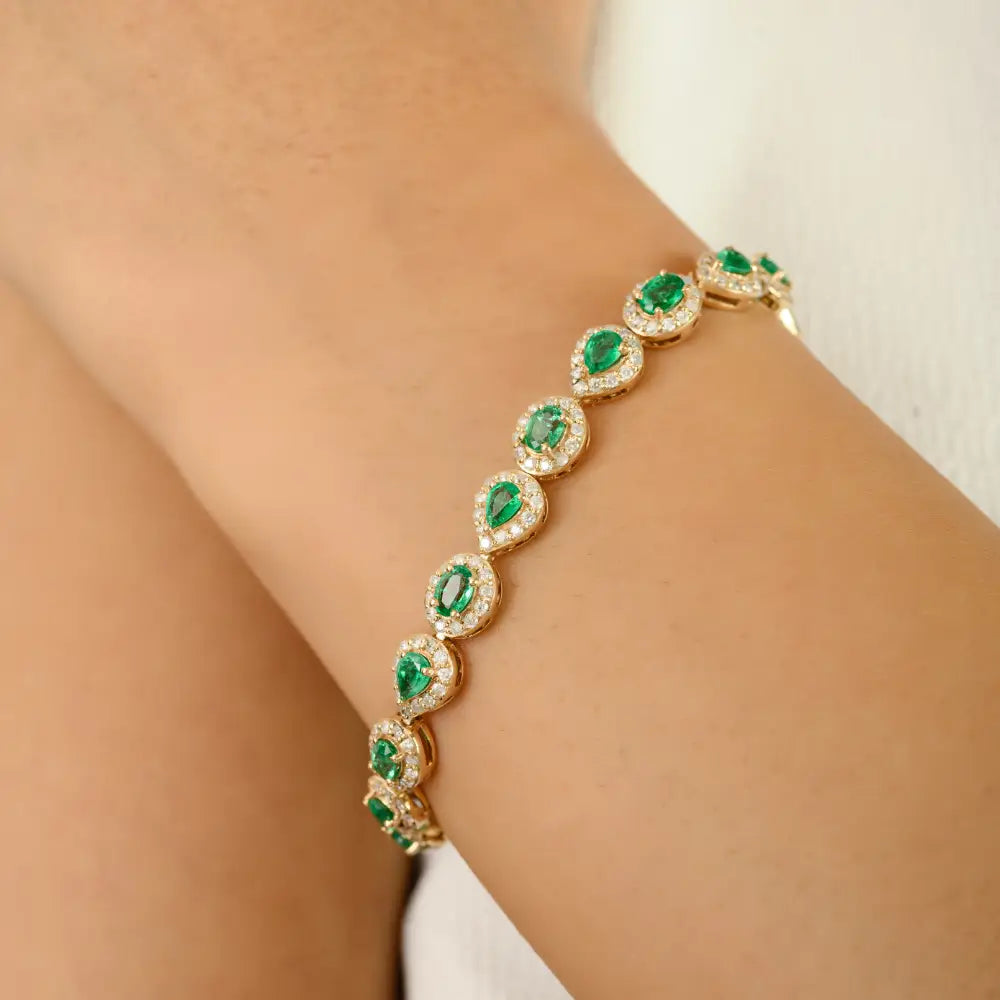 Custom Zambian Emerald & Diamond Stack Tennis Bracelet Wholesale 14K Yellow Gold Jewelry