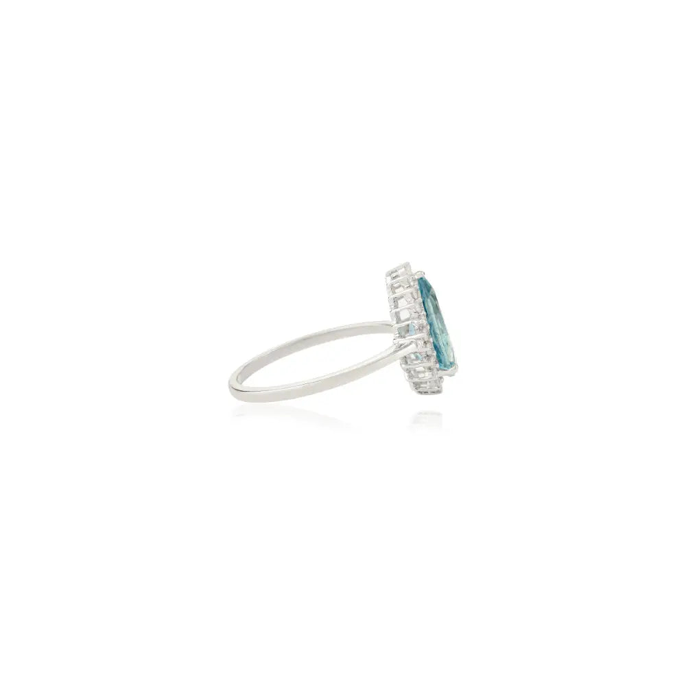 Pear Cut Aquamarine & Diamond Statement Cluster Ring Trending 14K White Gold Wedding Jewelry