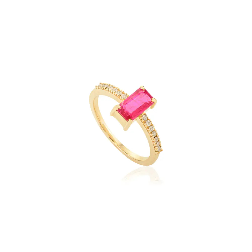 100% Genuine Prong Setting Ruby & Diamond Gemstone Ring Trending 14K Yellow Gold Jewelry