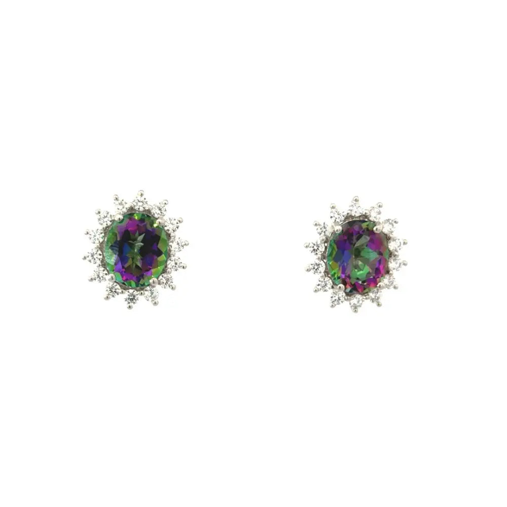 925 Sterling Silver Mystic Topaz & American Diamond Halo Stud Earrings Handmade Fine Jewelry