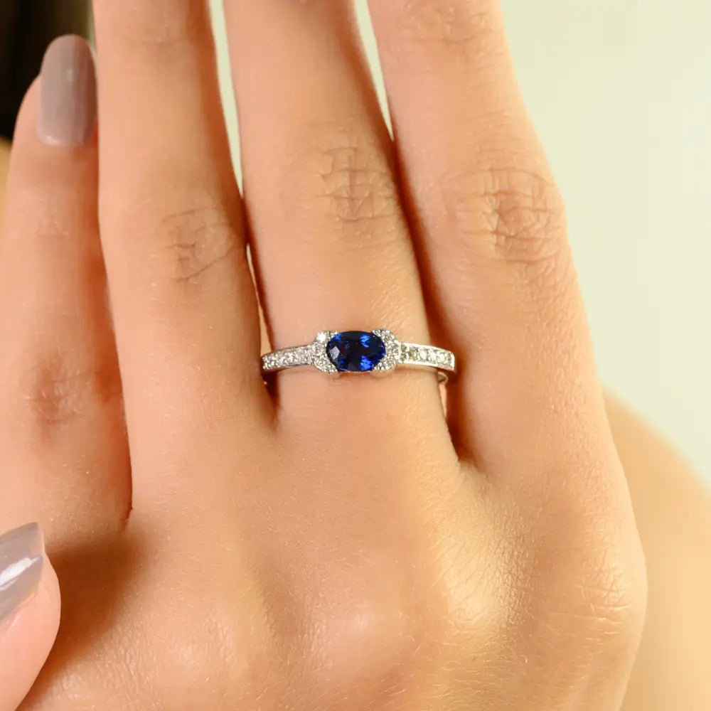 Fine Half Bezel Set Blue Sapphire & Diamond 14K White Gold Engagement Ring Manufacturer