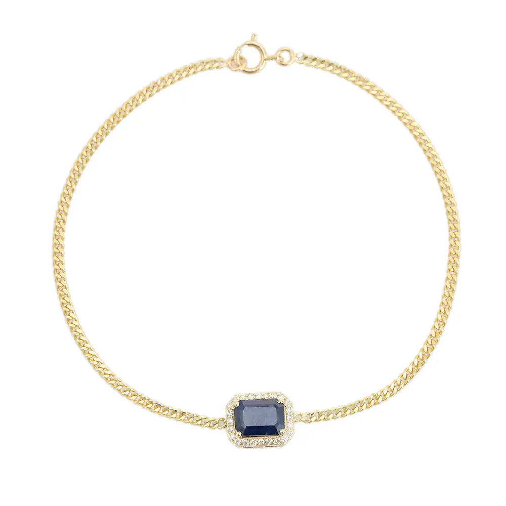 Prong Setting Blue Sapphire & Diamond 14K Solid Gold Cuban Chain Halo Bracelet Unisex