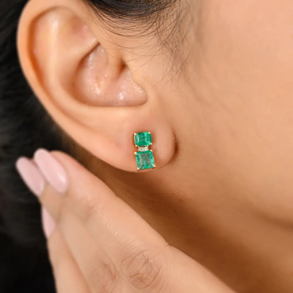 Real 18K Yellow Gold Emerald & Diamond Two Stone Stud Earrings For Women Daily Wear