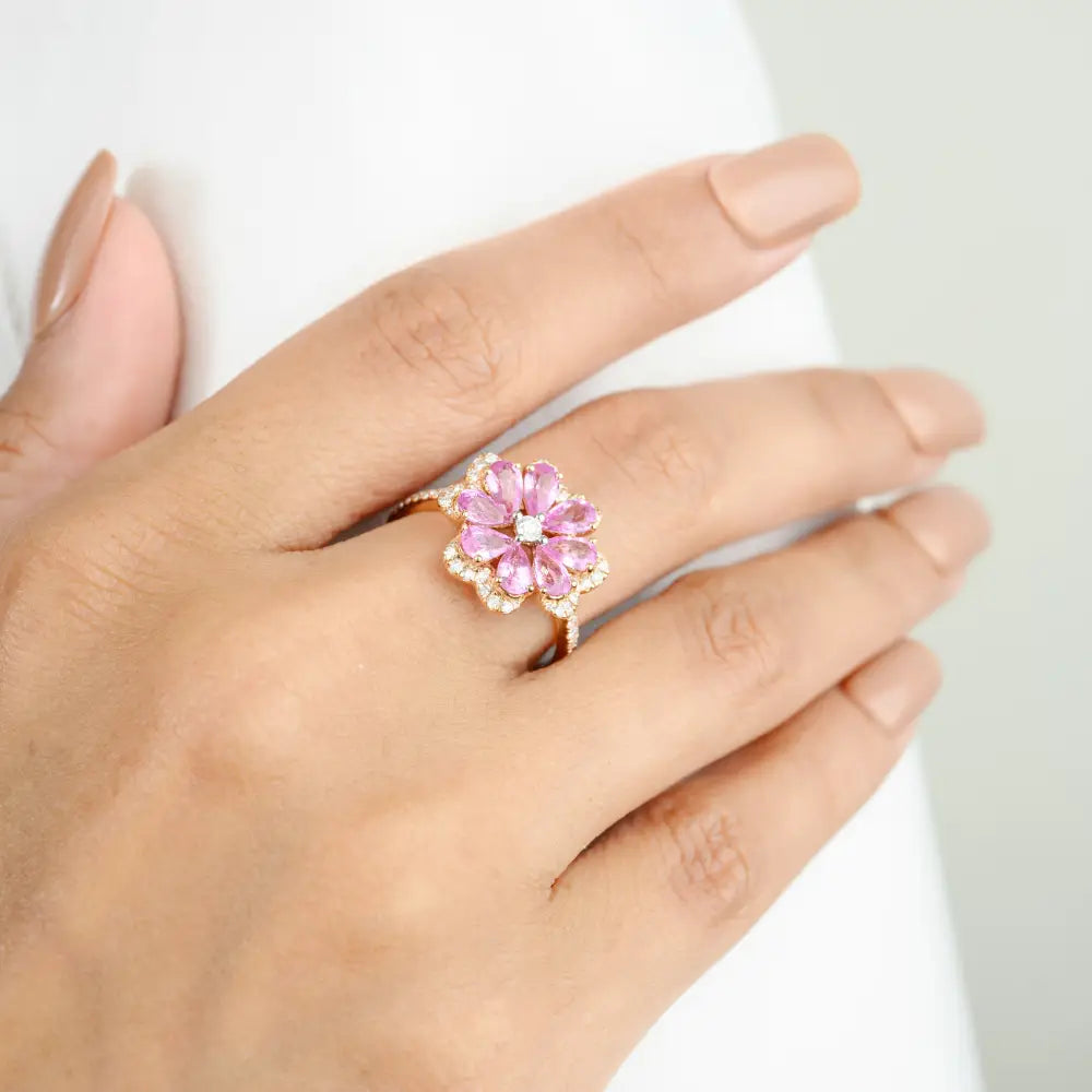 Vibrant Pink Sapphire & Diamond Flower Cocktail Ring K18 Rose Gold Trending Jewelry