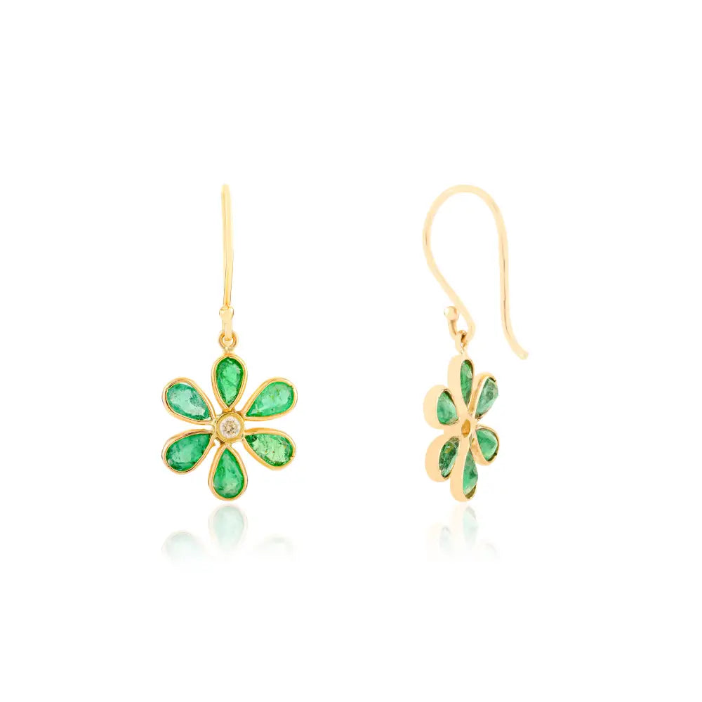 Floral Design Emerald & Diamond Drop Earrings in 18k Solid Yellow Gold