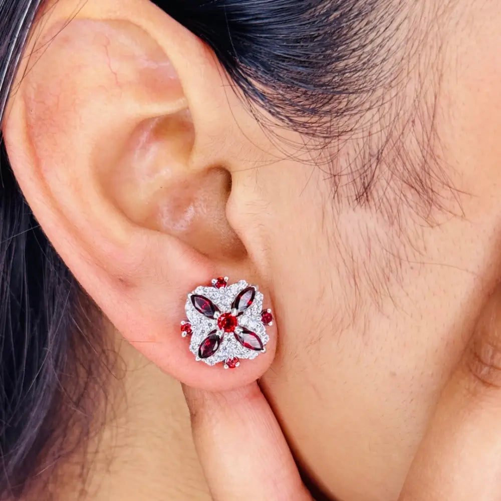 Anniversary Gift Genuine Red Garnet & American Diamond Wedding Stud Earrings In 925 Sterling Silver
