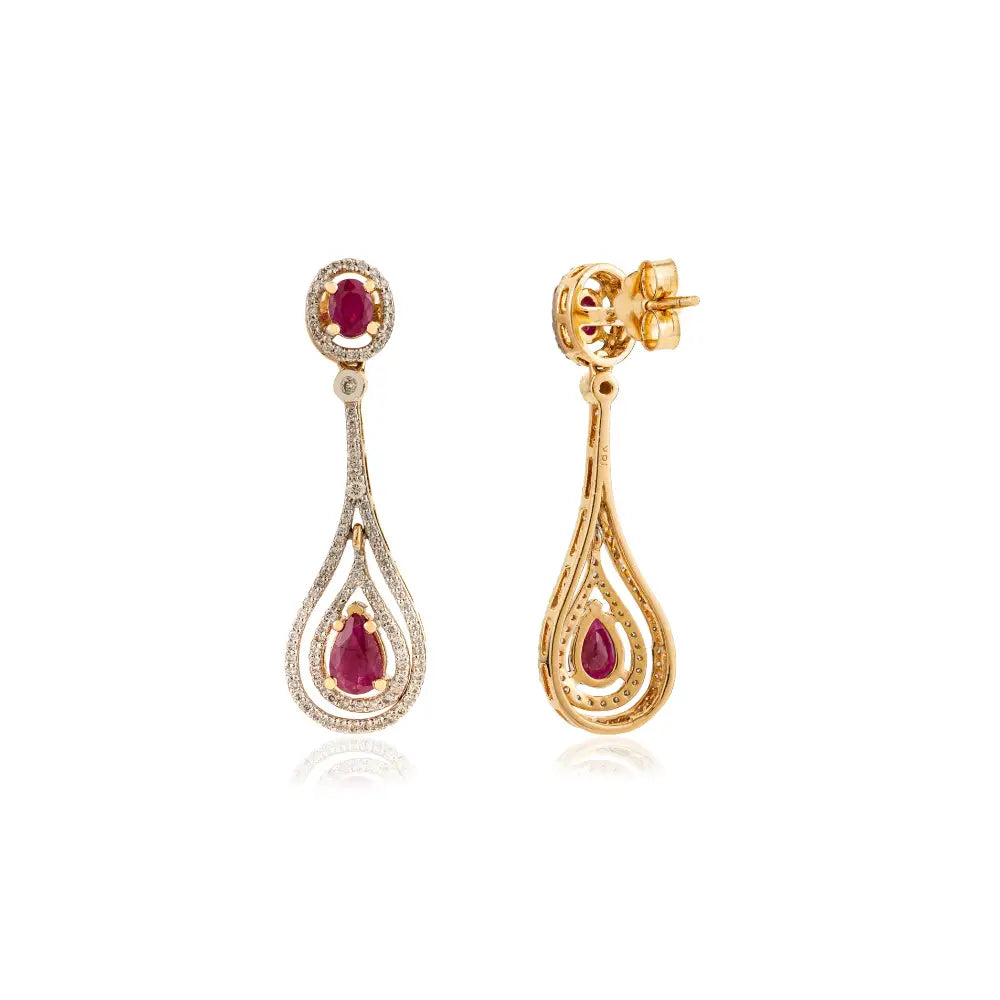 Prong Set Ruby & Diamond 18K Real Yellow Gold Teardrop Dangle Earrings July Birthstone