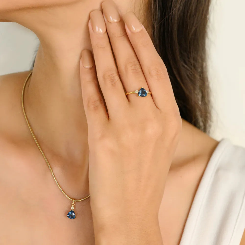 Trillion Cut Blue Topaz & Round Diamond Ring Earrings & Pendant Combo Set Handmade Jewelry
