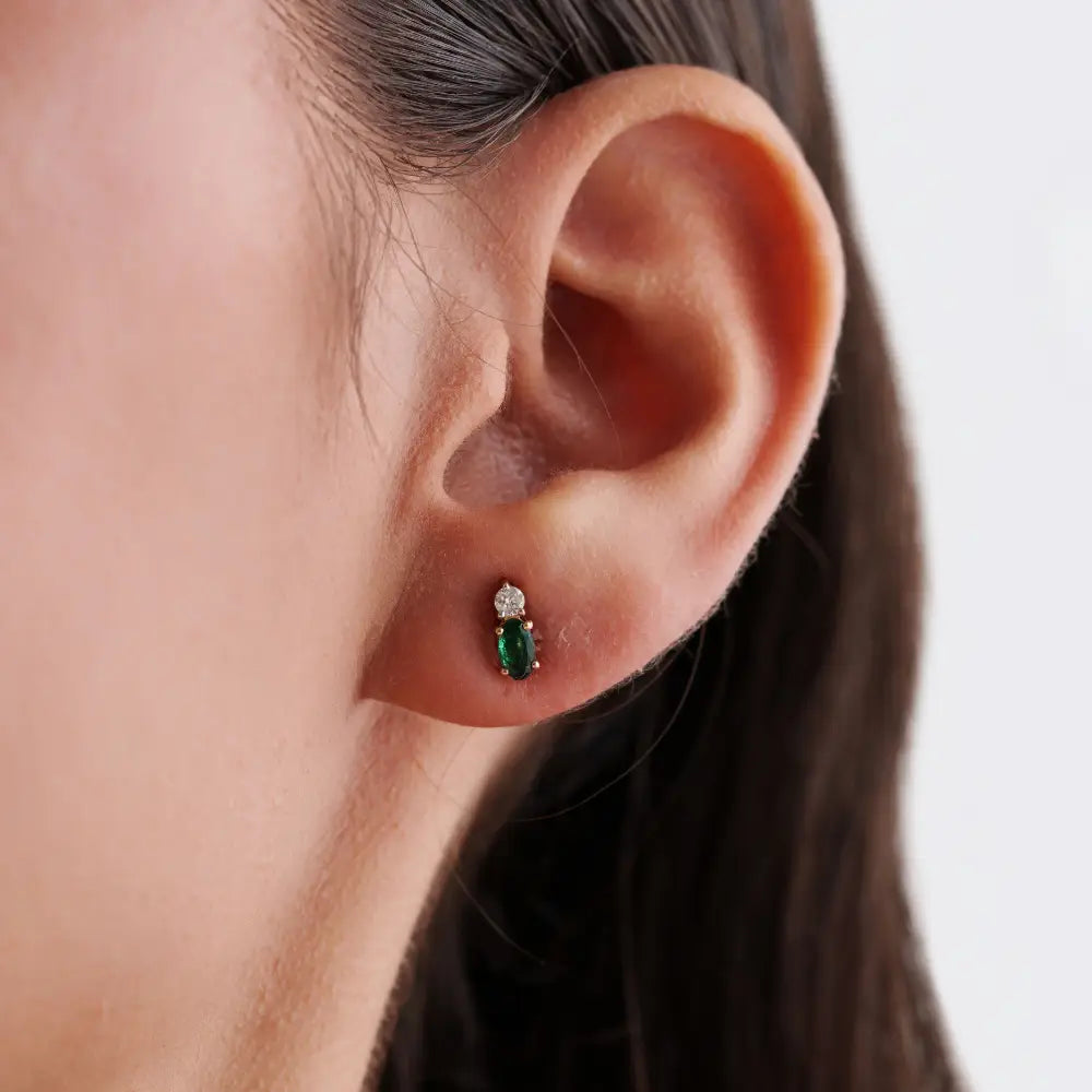 Minimalist Design Emerald & Diamond Small Stud Earrings 14K Yellow Gold Daily Wear Jewelry