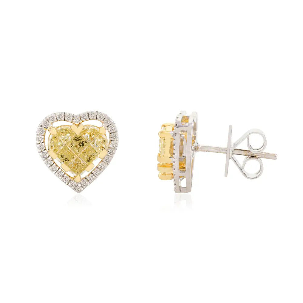 100% Natural White & Yellow Diamond Heart Shape Stud Earrings Valentine's Day Gift