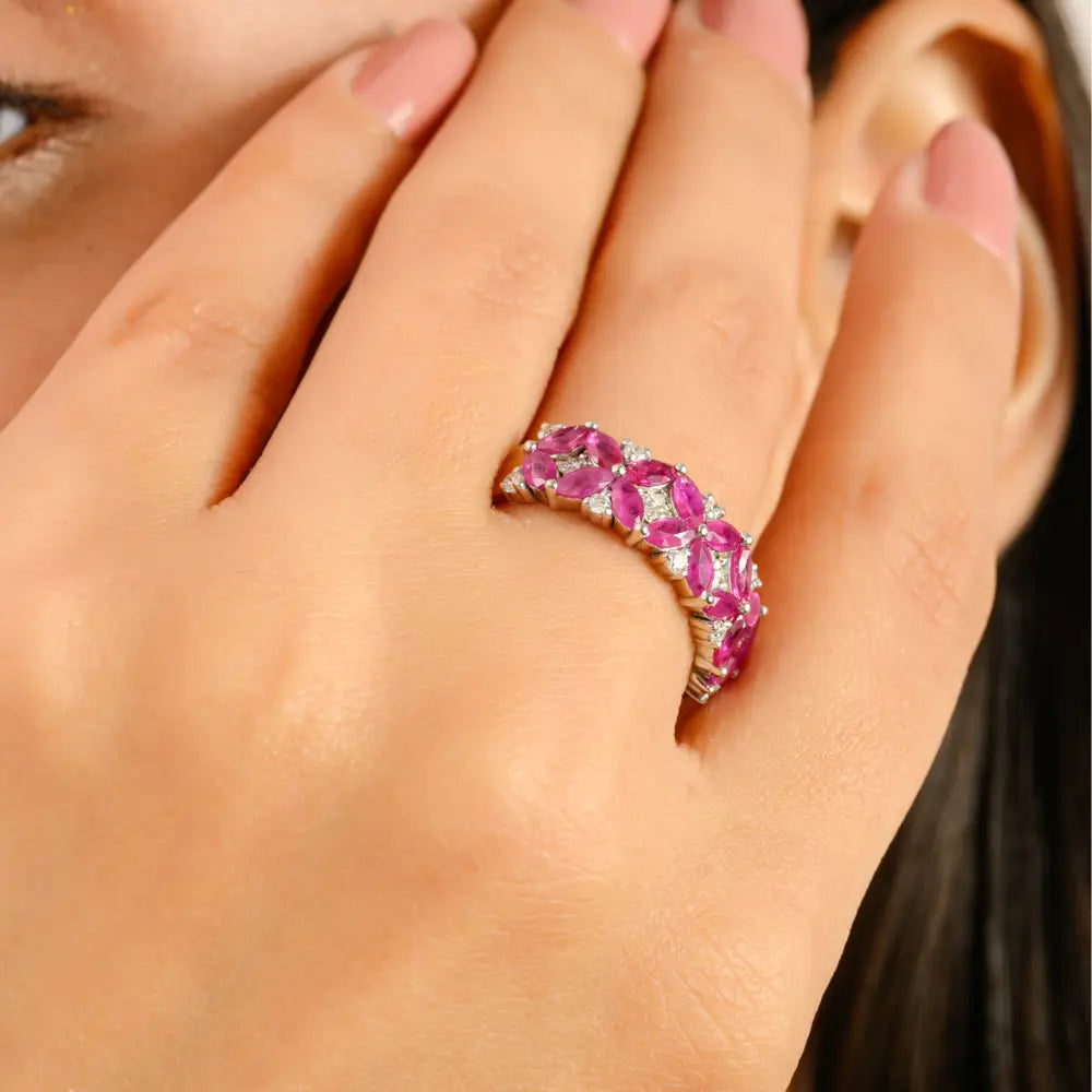 Unique Design Genuine Ruby & Diamond Floral Wide Band Ring Solid 14K White Gold Jewelry
