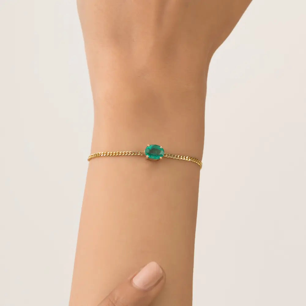 100% Natural Zambian Emerald K14 Yellow Gold Cuban Link Chain Single Stone Bracelet