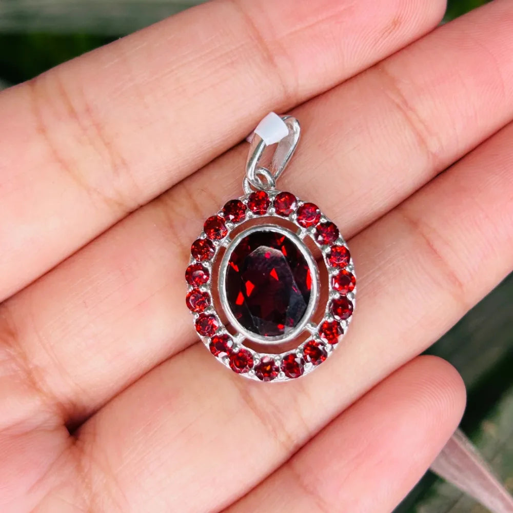 Birthstone Jewelry Real Red Garnet Gemstone Pendant 925 Solid Silver