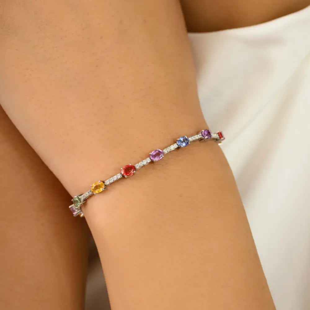 100% Natural Colorful Multi Sapphire & Diamond 14K Gold Tennis Bracelet Stacking Jewelry