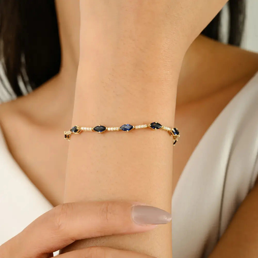 Elegant Design Marquise Blue Sapphire & Diamond Stack Tennis Bracelet Unisex 14K Gold