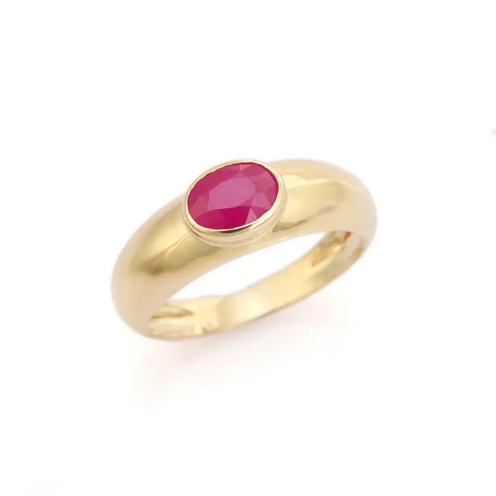 100% Authentic Ruby Handmade Dome Signet Ring For Women Pure K14 Yellow Gold Jewelry