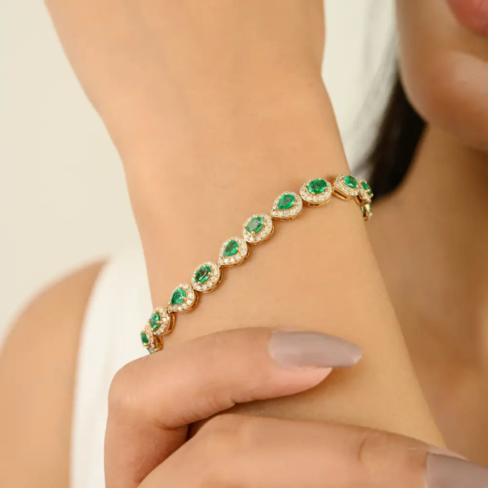 Custom Zambian Emerald & Diamond Stack Tennis Bracelet Wholesale 14K Yellow Gold Jewelry