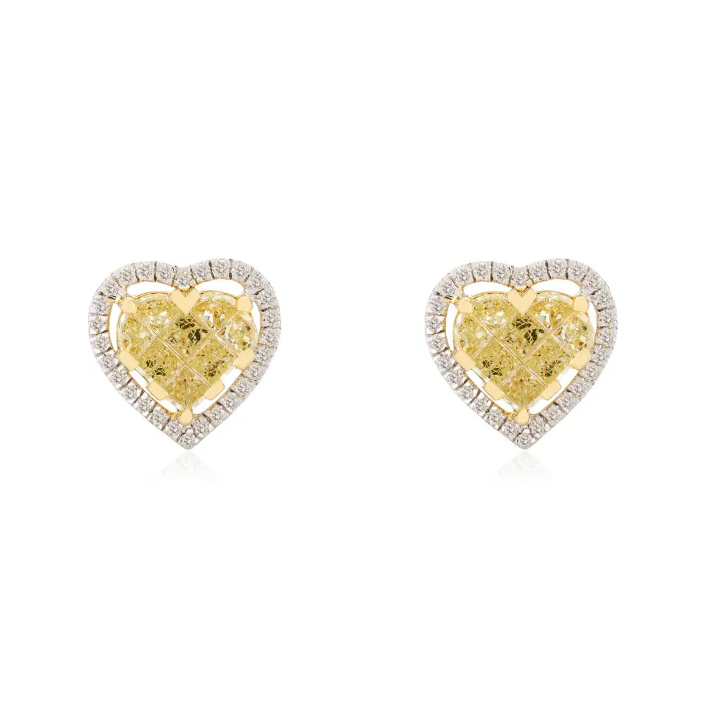 100% Natural White & Yellow Diamond Heart Shape Stud Earrings Valentine's Day Gift