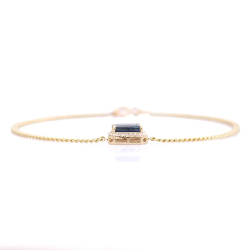 Prong Setting Blue Sapphire & Diamond 14K Solid Gold Cuban Chain Halo Bracelet Unisex