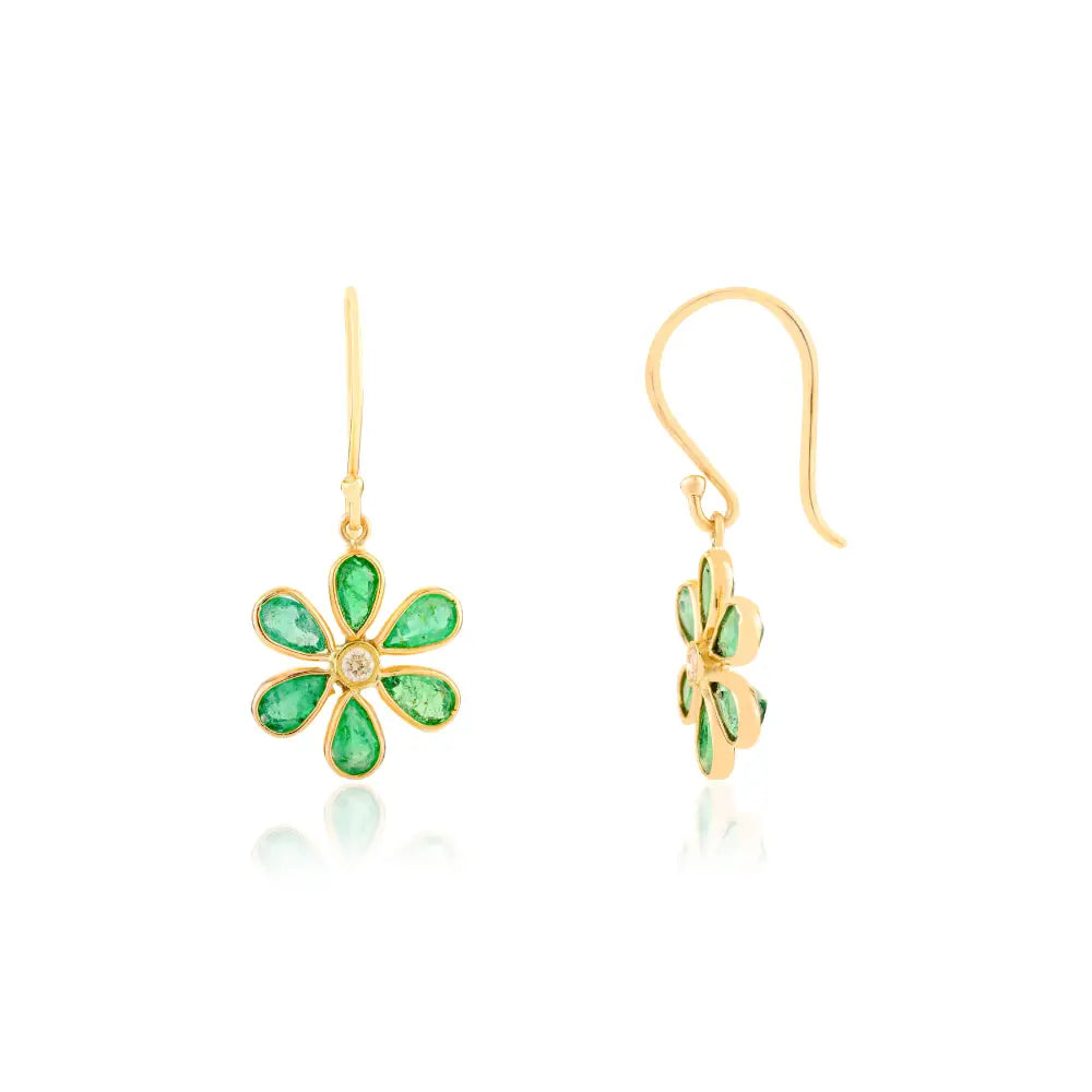Floral Design Emerald & Diamond Drop Earrings in 18k Solid Yellow Gold