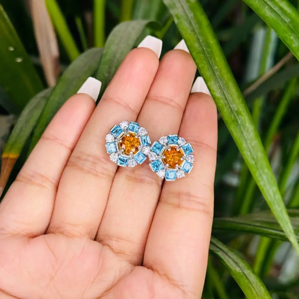 High Grade Jewelry Blue Topaz Citrine & American Diamond Round Stud Earrings Factory Price
