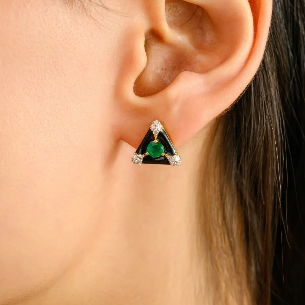 Emerald & Diamond Black Enamel Triangle Shape Stud Earrings Everyday Jewelry 14K Gold