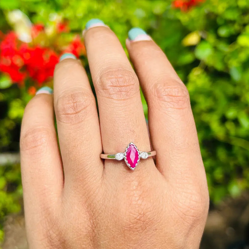 Marquise Shape Ruby & Round Cut American Diamond Single Stone Ring For Valentine's Day Gift