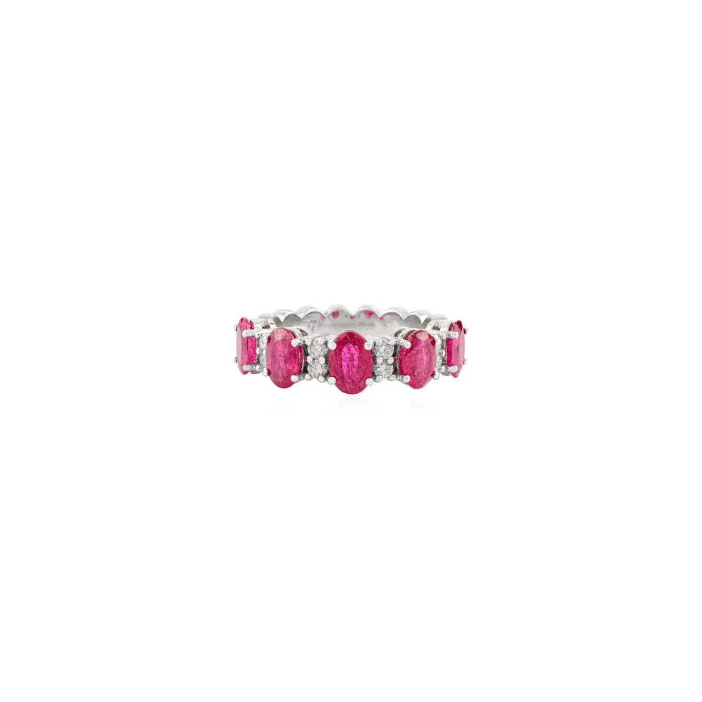 100% Genuine Ruby & Diamond Half Eternity Band Ring Fine 14K Real Gold Jewelry