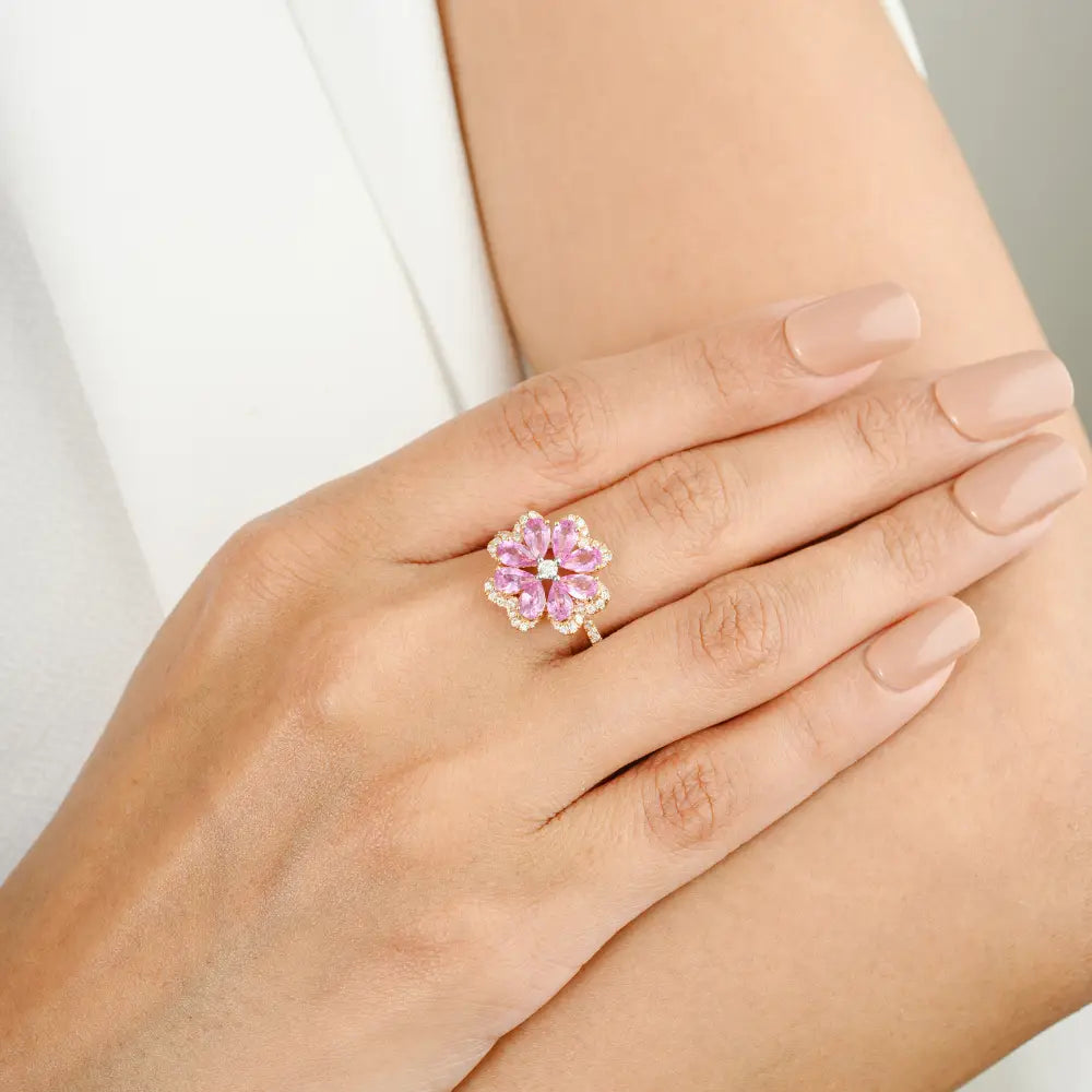 Vibrant Pink Sapphire & Diamond Flower Cocktail Ring K18 Rose Gold Trending Jewelry