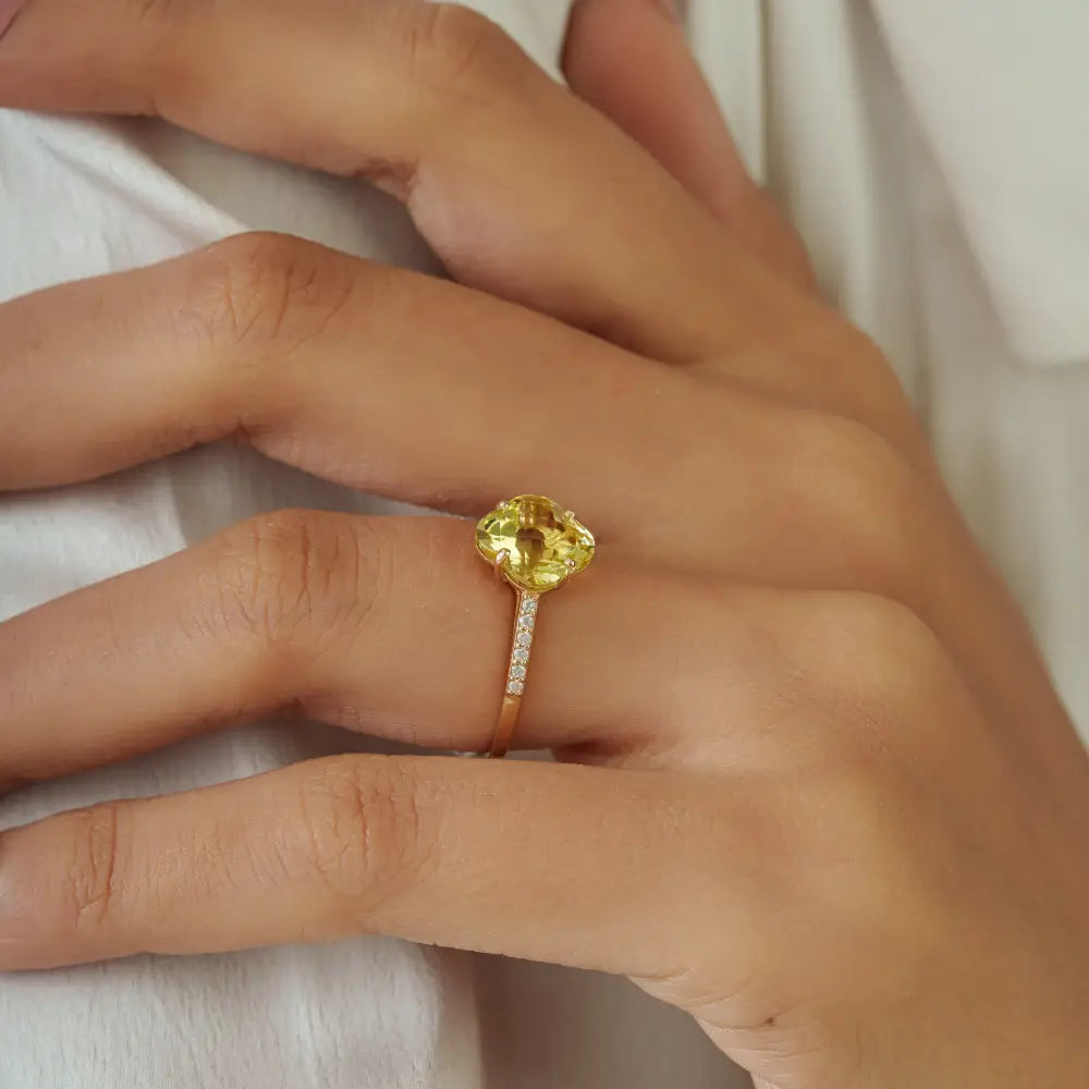 Semi Precious Gemstone Lemon Topaz & Diamond Flour Leaf Clover Shape Ring 14K Gold