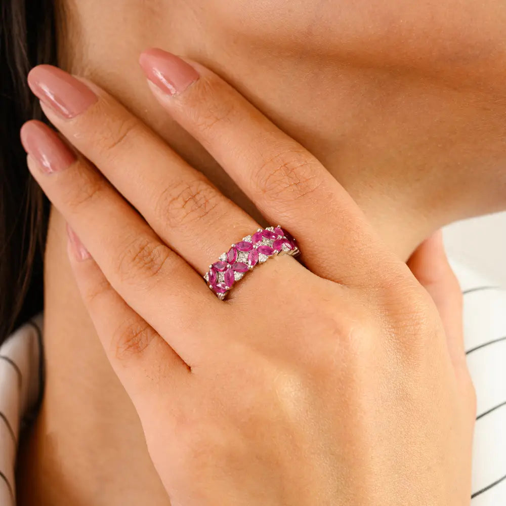 Unique Design Genuine Ruby & Diamond Floral Wide Band Ring Solid 14K White Gold Jewelry