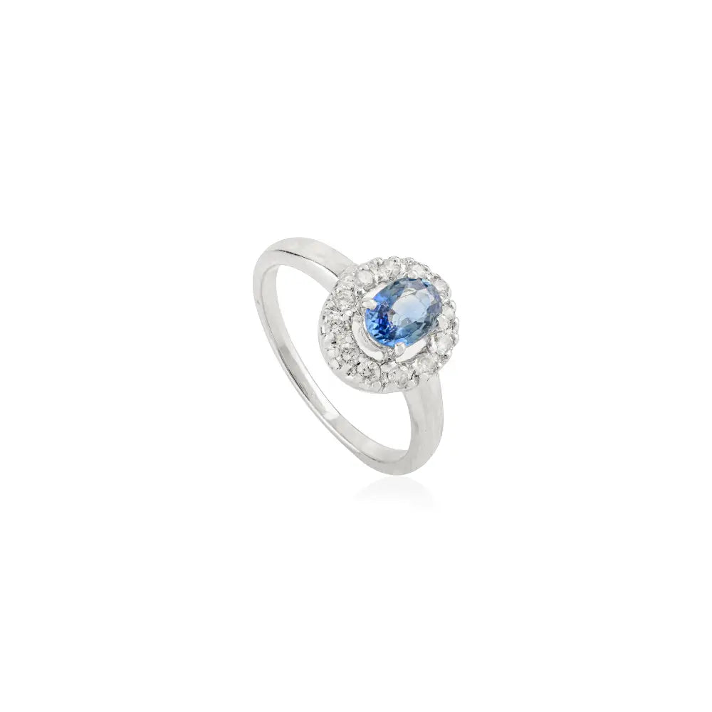 Explore Blue Sapphire & Diamond 14K Solid White Gold Halo Ring Handmade Fine Jewelry