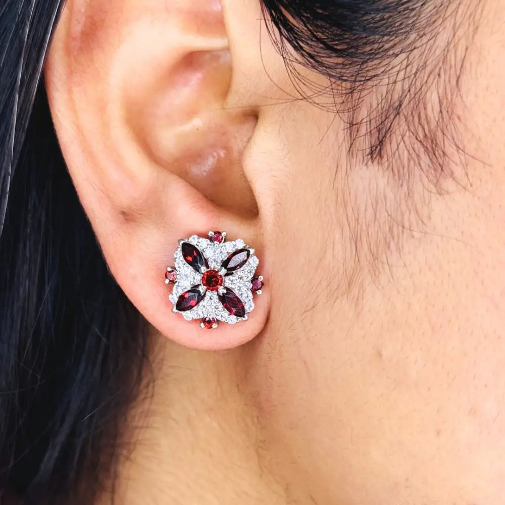 Anniversary Gift Genuine Red Garnet & American Diamond Wedding Stud Earrings In 925 Sterling Silver