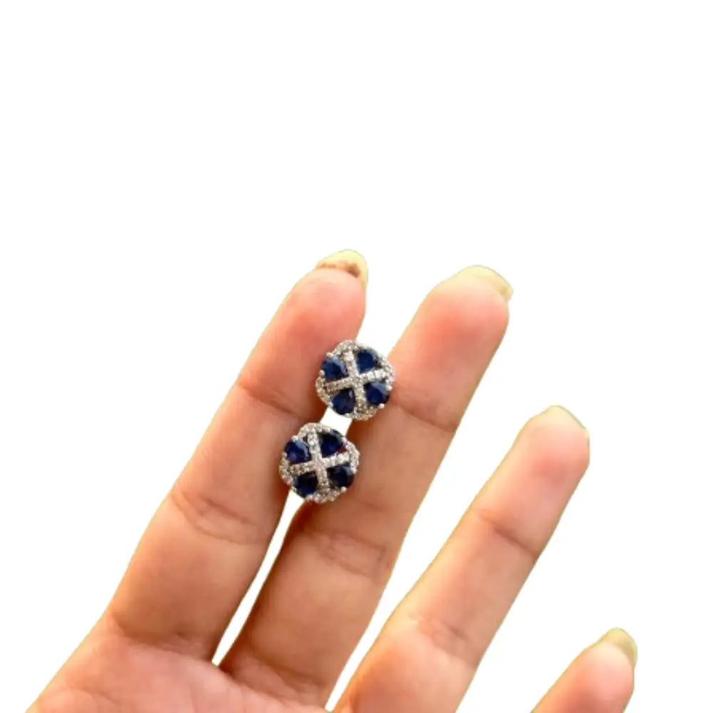 Explore Fine Gemstone Jewelry Blue Sapphire & American Diamond Square Shape Stud Earrings For Girls