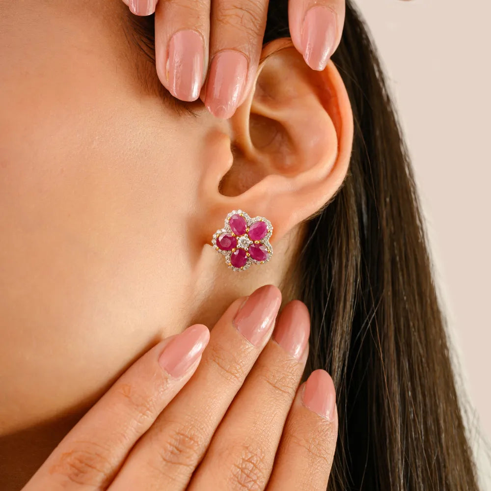 K14 Real Yellow Gold Ruby & Diamond Flower Shape Stud Earrings For Women Unique Design